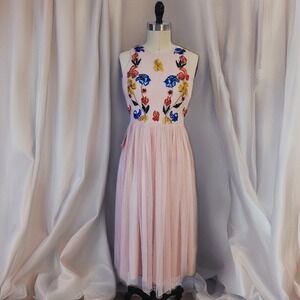 Frock & Frill NWT Romantic Blush Tulle Midi Dress | Embroidered Floral Size 6